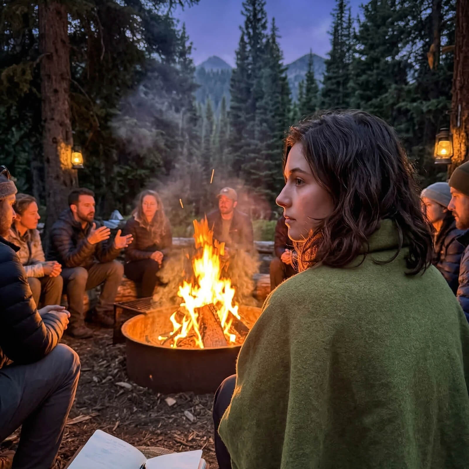 Olive blanket in use outdoors